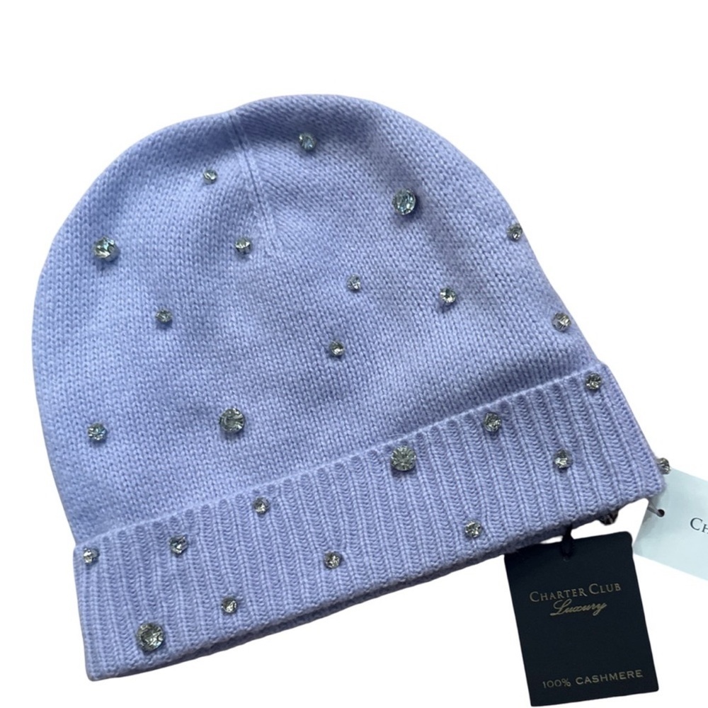 NEW Women's Charter Club Cashmere Embellished Beanie Fresh Orchid - Picture 2 of 6